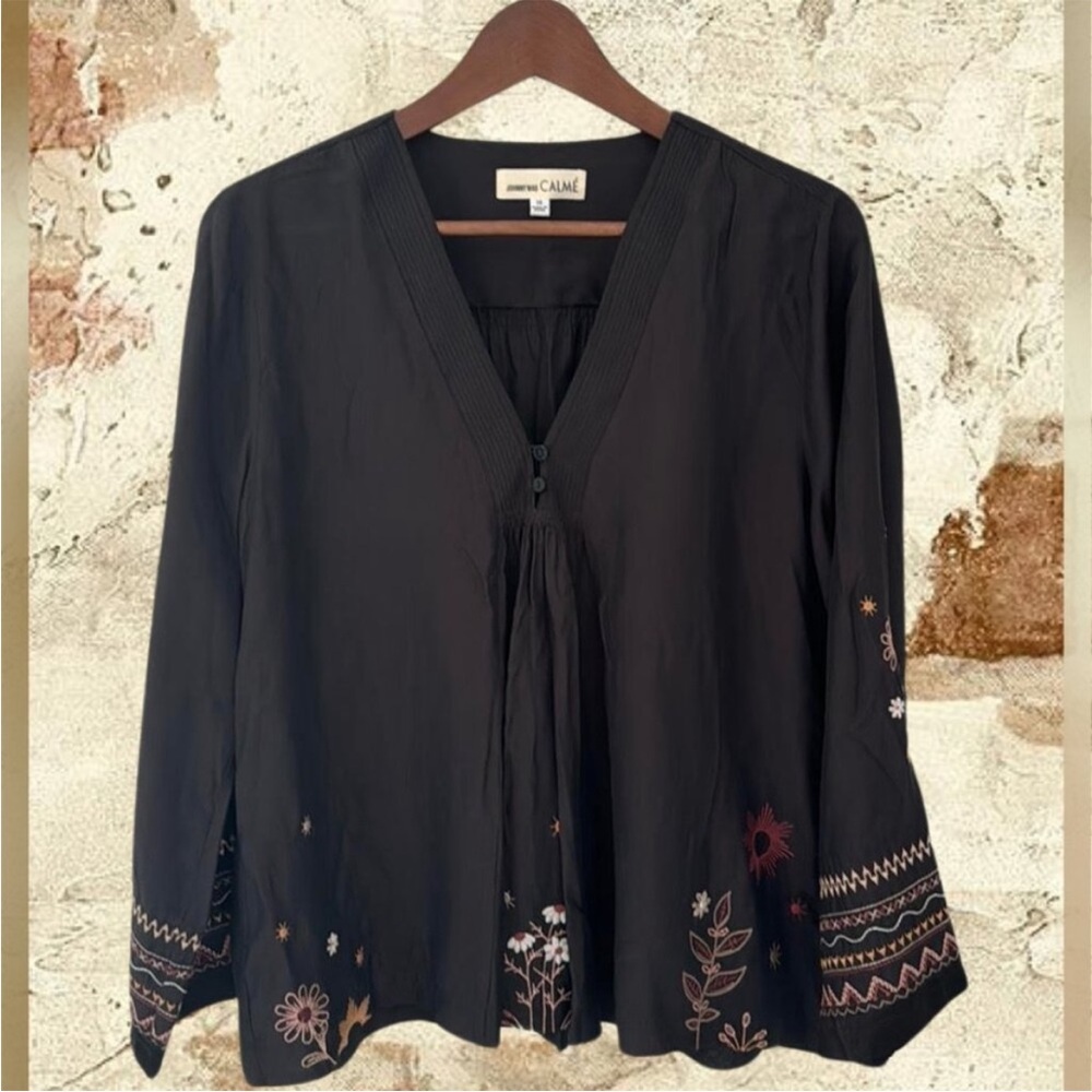 Johnny Was Black Floral Embroidered Swing Blouse Size M